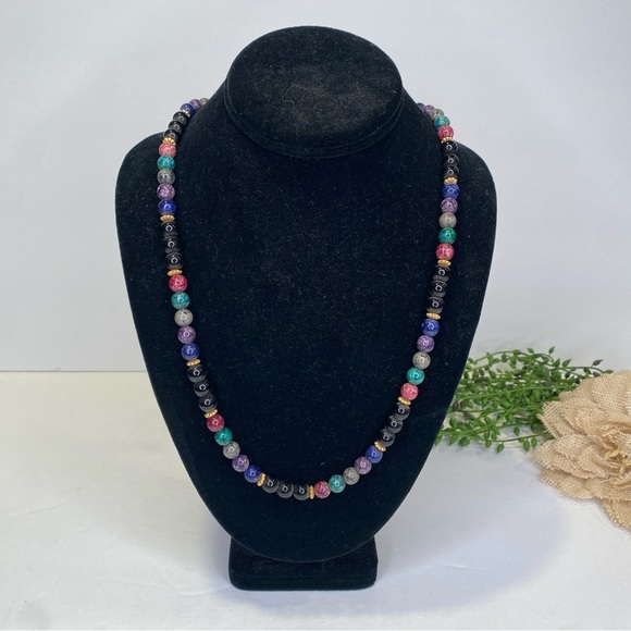 Vintage Jewelry - Vintage Natural Polished Multi Stone Beaded Solid Necklace 15.5" Long